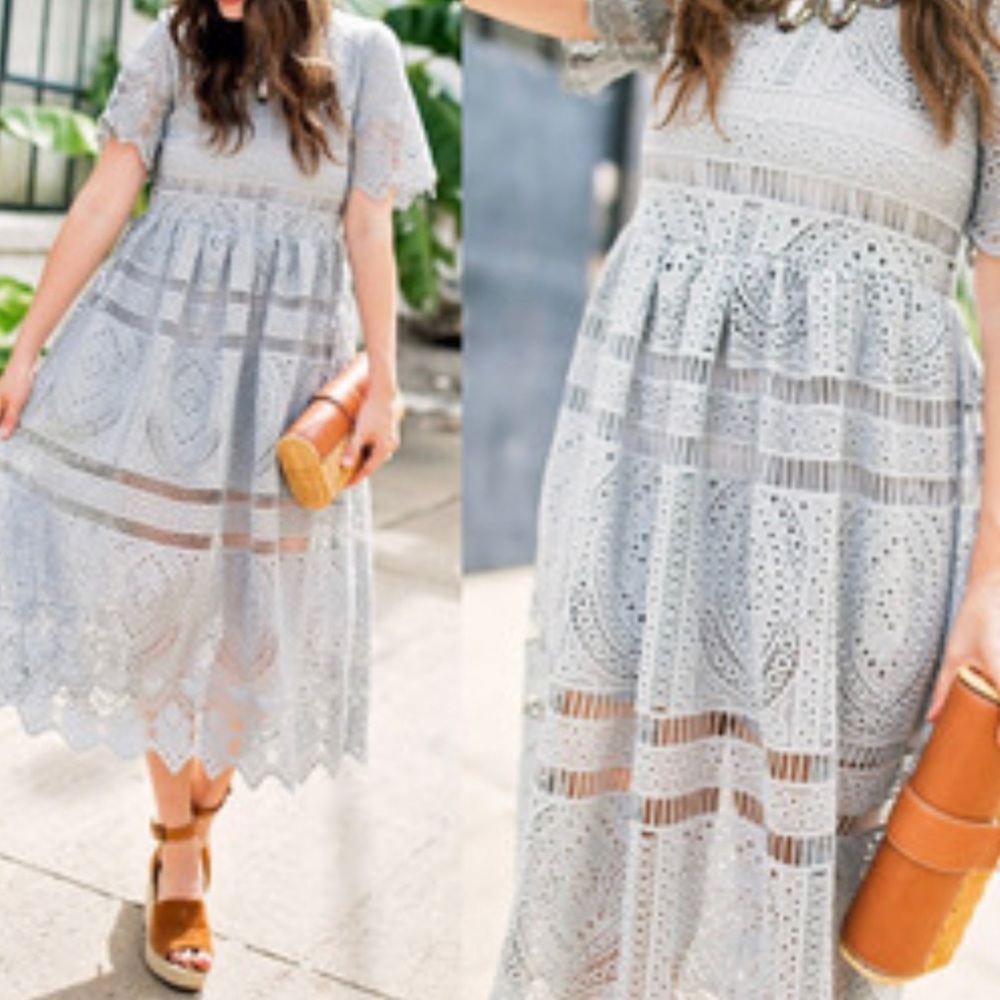 Spring Crochet Tea Length Dress in Light Grey